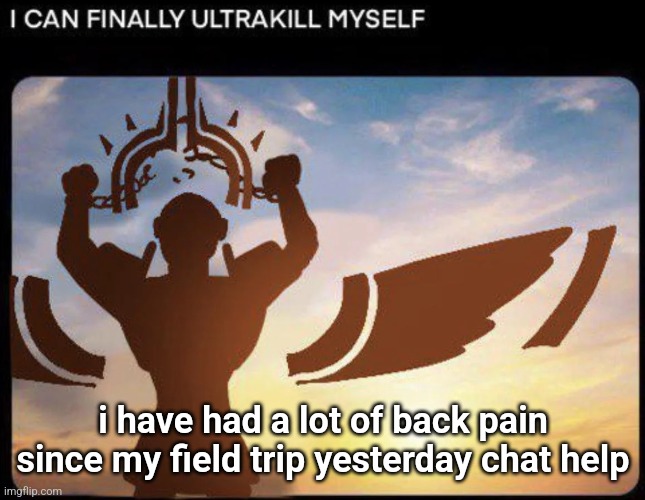 it hurts a lot if i move it wrong | i have had a lot of back pain since my field trip yesterday chat help | image tagged in i can finally ultrakill myself | made w/ Imgflip meme maker