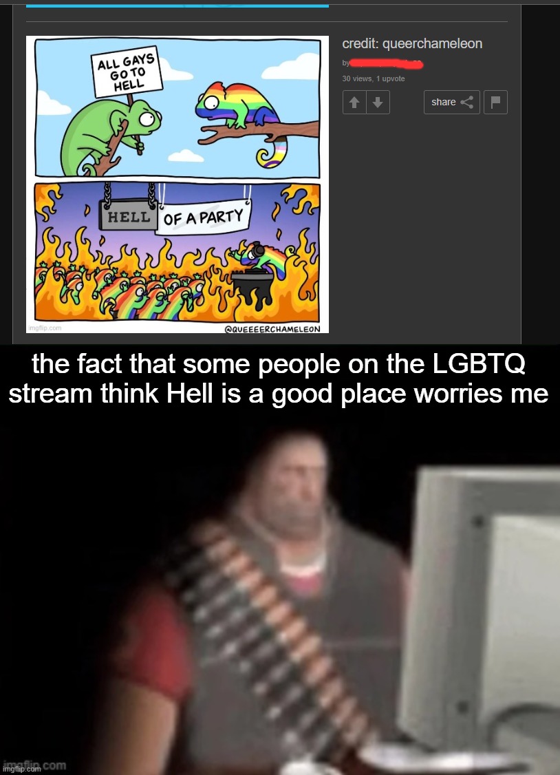 Some people worshi S@tan but the second I say Trump or any conservative leader is good i get called a Nazi | the fact that some people on the LGBTQ stream think Hell is a good place worries me | image tagged in sad heavy computer | made w/ Imgflip meme maker