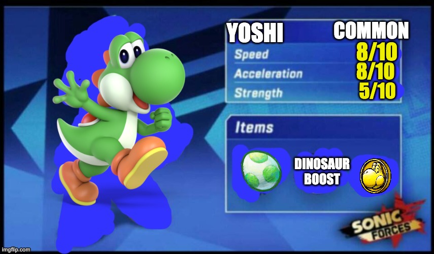 [UPDATED] Sonic Forces Meme Battle | COMMON; YOSHI; 8/10; 8/10; 5/10; DINOSAUR BOOST | image tagged in updated sonic forces meme battle | made w/ Imgflip meme maker