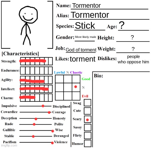 Character Chart by Liamsworlds | Tormentor; Tormentor; ? Stick; Most likely male; ? God of torment; ? people who oppose him; torment | image tagged in character chart by liamsworlds | made w/ Imgflip meme maker