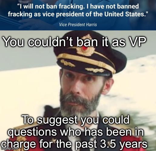 Was Biden actually even in charge of anything? | You couldn’t ban it as VP; To suggest you could questions who has been in charge for the past 3.5 years | image tagged in captain obvious,politics lol,memes | made w/ Imgflip meme maker