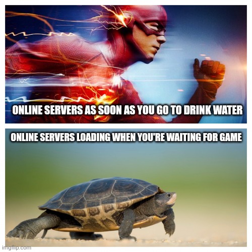 fast vs slow | ONLINE SERVERS AS SOON AS YOU GO TO DRINK WATER; ONLINE SERVERS LOADING WHEN YOU'RE WAITING FOR GAME | image tagged in fast vs slow | made w/ Imgflip meme maker