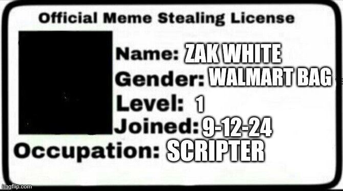 Meme Stealing License | ZAK WHITE; WALMART BAG; 1; 9-12-24; SCRIPTER | image tagged in meme stealing license | made w/ Imgflip meme maker