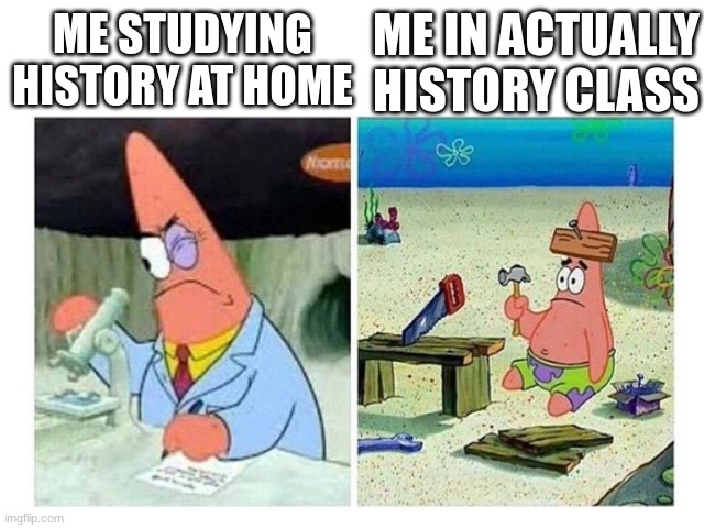 Patrick Scientist vs. Nail | ME IN ACTUALLY HISTORY CLASS; ME STUDYING HISTORY AT HOME | image tagged in patrick scientist vs nail | made w/ Imgflip meme maker