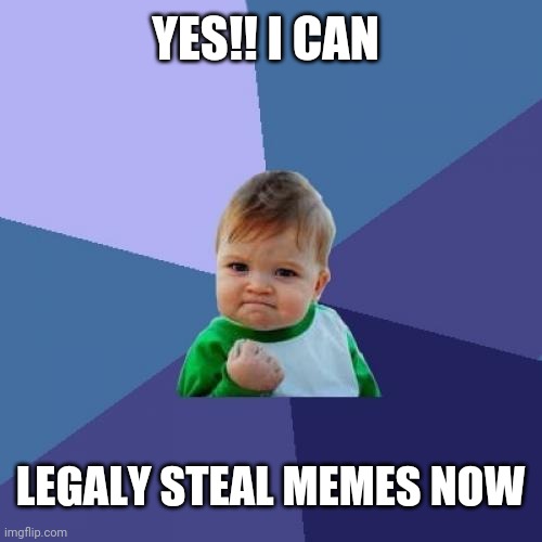 Meh. No name. | YES!! I CAN; LEGALY STEAL MEMES NOW | image tagged in memes,success kid | made w/ Imgflip meme maker