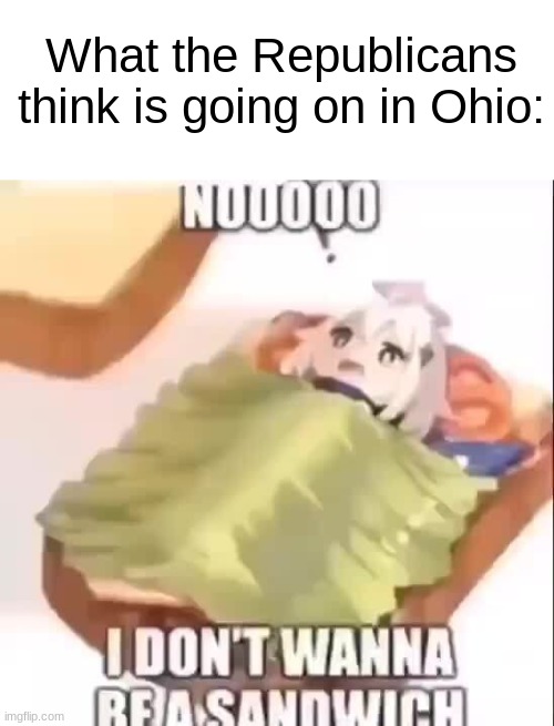 I pray for the dogs and cats in Ohio rn | What the Republicans think is going on in Ohio: | image tagged in sandwich,ohio,cannibals,pets,donald trump,dank memes | made w/ Imgflip meme maker