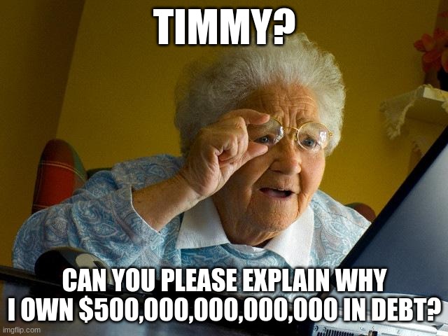 and this is why you don´t let your kids use your computer | TIMMY? CAN YOU PLEASE EXPLAIN WHY I OWN $500,000,000,000,000 IN DEBT? | image tagged in memes,grandma finds the internet | made w/ Imgflip meme maker