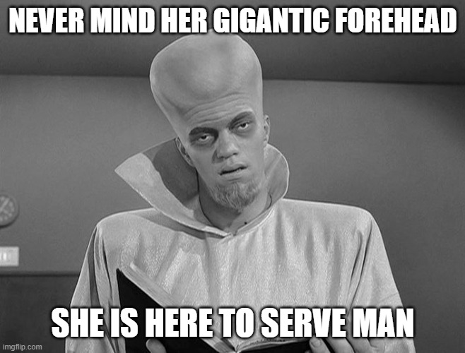 NEVER MIND HER GIGANTIC FOREHEAD SHE IS HERE TO SERVE MAN | made w/ Imgflip meme maker