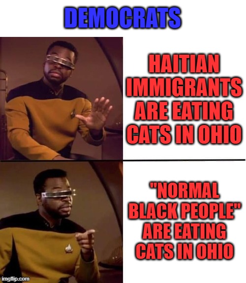 trump eating cats | DEMOCRATS; HAITIAN IMMIGRANTS ARE EATING CATS IN OHIO; "NORMAL BLACK PEOPLE" ARE EATING CATS IN OHIO | image tagged in geordi drake | made w/ Imgflip meme maker