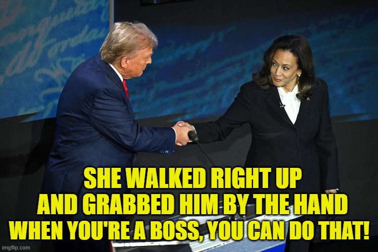 Harris Trump Handshake | SHE WALKED RIGHT UP AND GRABBED HIM BY THE HAND; WHEN YOU'RE A BOSS, YOU CAN DO THAT! | image tagged in harris trump handshake | made w/ Imgflip meme maker