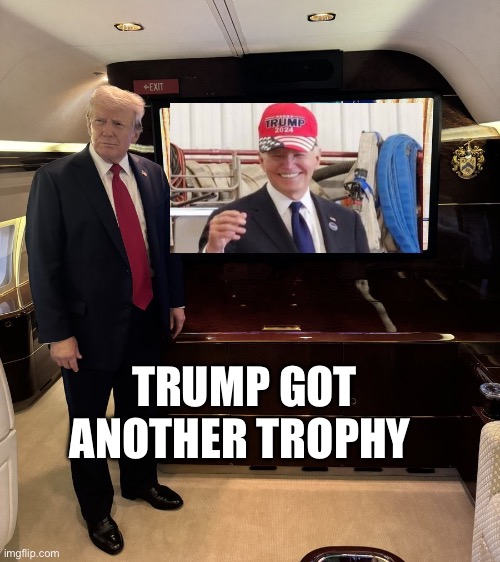 Donald Trump watches Biden | TRUMP GOT ANOTHER TROPHY | image tagged in donald trump watches biden,joe biden,donald trump,politics,political meme | made w/ Imgflip meme maker