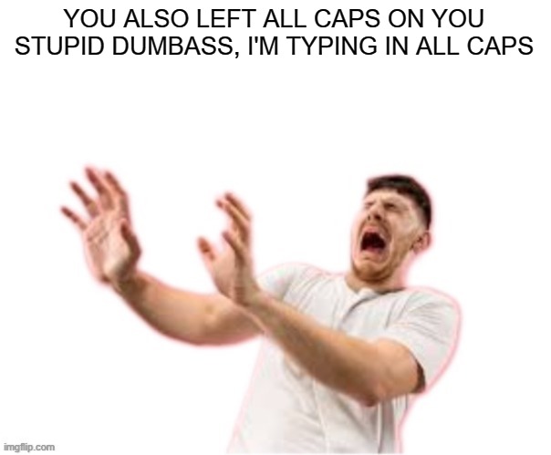 he left all caps on(custom) | YOU ALSO LEFT ALL CAPS ON YOU STUPID DUMBASS, I'M TYPING IN ALL CAPS | image tagged in he left all caps on custom | made w/ Imgflip meme maker