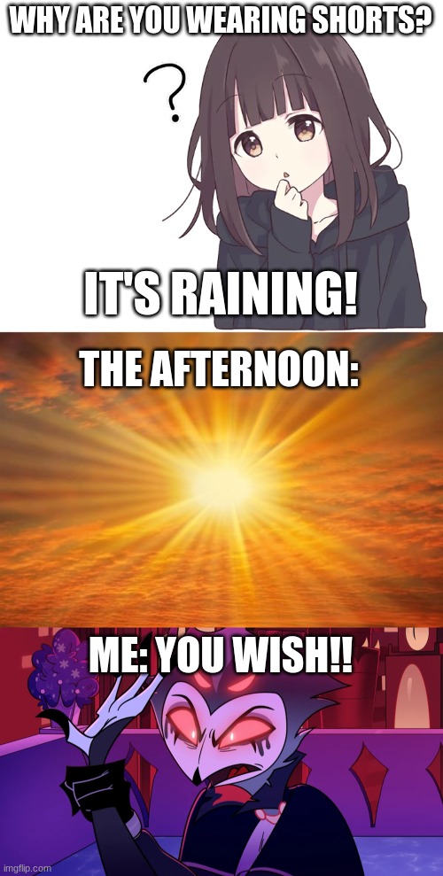 WHY ARE YOU WEARING SHORTS? IT'S RAINING! THE AFTERNOON:; ME: YOU WISH!! | image tagged in sunshine | made w/ Imgflip meme maker