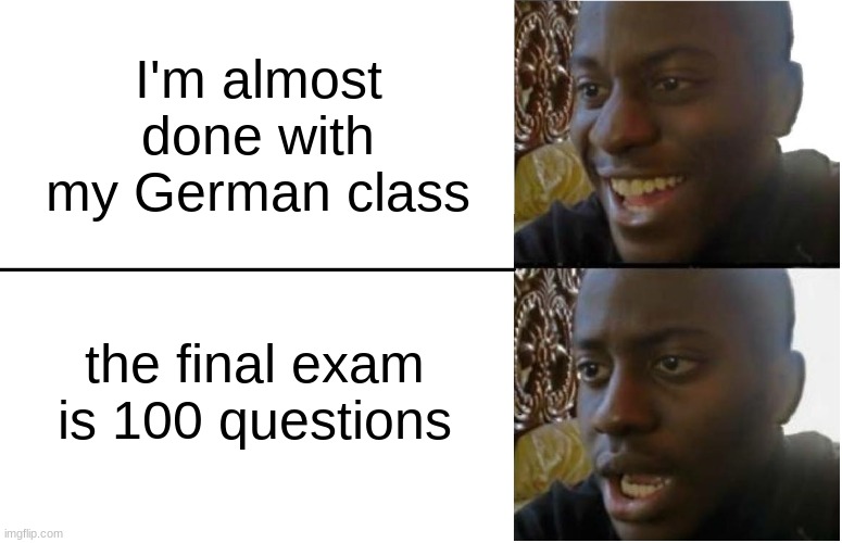 BRUH I DONT KNOW ANYTHING IN GERMAN THIS CLASS SUCKS | I'm almost done with my German class; the final exam is 100 questions | image tagged in disappointed black guy | made w/ Imgflip meme maker