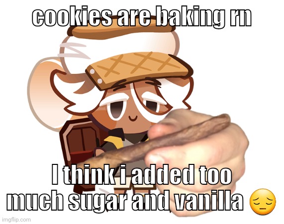 smore cookie with a blunt | cookies are baking rn; I think i added too much sugar and vanilla 😔 | image tagged in smore cookie with a blunt | made w/ Imgflip meme maker