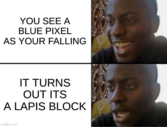 Oh yeah! Oh no... | YOU SEE A BLUE PIXEL AS YOUR FALLING IT TURNS OUT ITS A LAPIS BLOCK | image tagged in oh yeah oh no | made w/ Imgflip meme maker