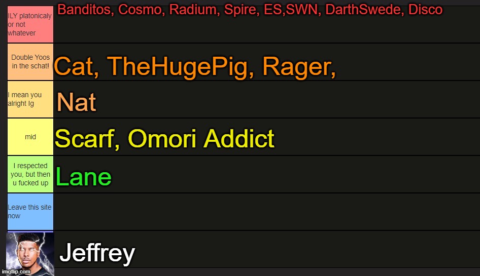 ranking users | Banditos, Cosmo, Radium, Spire, ES,SWN, DarthSwede, Disco; Cat, TheHugePig, Rager, Nat; Scarf, Omori Addict; Lane; Jeffrey | image tagged in neko's tier list | made w/ Imgflip meme maker