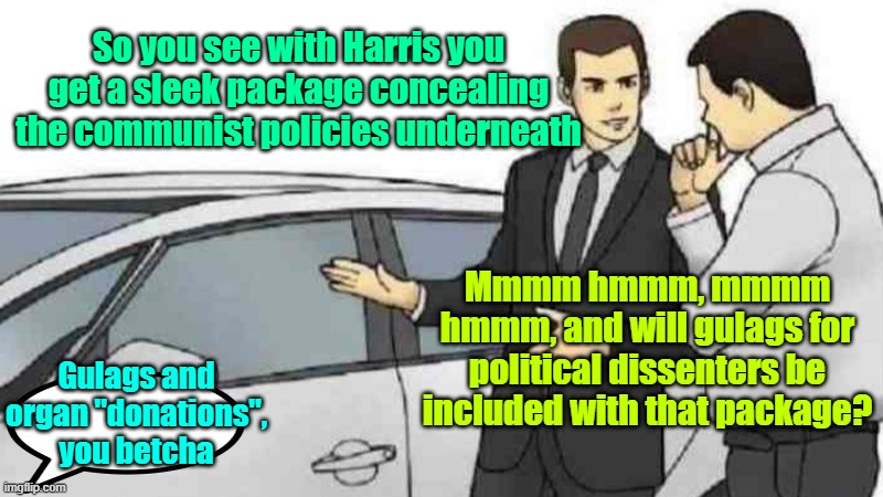 Joseph McCarthy was right | So you see with Harris you get a sleek package concealing the communist policies underneath; Mmmm hmmm, mmmm hmmm, and will gulags for political dissenters be included with that package? Gulags and organ "donations", you betcha | image tagged in trump,maga,kamala harris,communism,deep state | made w/ Imgflip meme maker