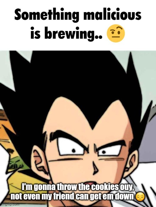 something malicious is brewing | I'm gonna throw the cookies ouy, not even my friend can get em down 😔 | image tagged in something malicious is brewing | made w/ Imgflip meme maker