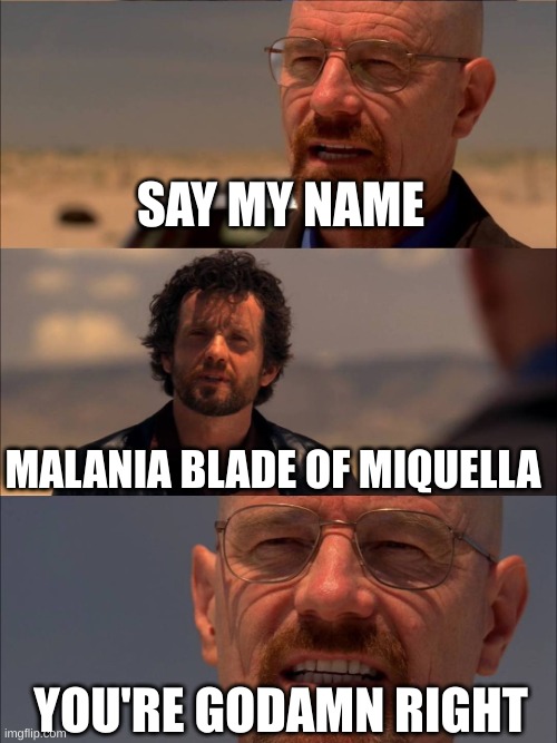 Breaking Bad - Say My Name | SAY MY NAME; MALANIA BLADE OF MIQUELLA; YOU'RE GODAMN RIGHT | image tagged in breaking bad - say my name | made w/ Imgflip meme maker