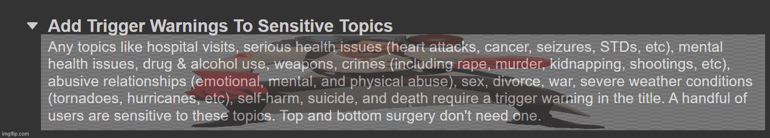 I can understand trigger warning for rape and suicide but serious for hurricanes bro ☠️ | made w/ Imgflip meme maker