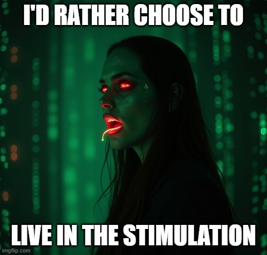 Simulation Stimulation | I'D RATHER CHOOSE TO; LIVE IN THE STIMULATION | image tagged in matrix,simulation | made w/ Imgflip meme maker