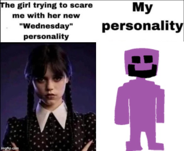 they call me william afton because i killed 5 kids and stuffed them into robot suits | image tagged in the girl trying to scare me with her new wednesday personality | made w/ Imgflip meme maker
