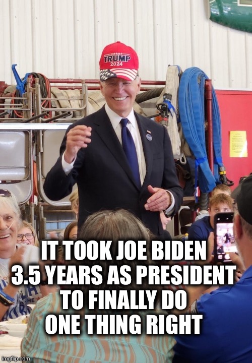 Better late than never | IT TOOK JOE BIDEN 
3.5 YEARS AS PRESIDENT 
TO FINALLY DO 
ONE THING RIGHT | image tagged in biden in trump hat | made w/ Imgflip meme maker