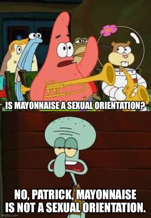 Is mayonnaise a sexual orientation? | IS MAYONNAISE A SEXUAL ORIENTATION? NO, PATRICK, MAYONNAISE IS NOT A SEXUAL ORIENTATION. | image tagged in is mayonnaise an instrument,spongebob squarepants,spongebob,patrick star,squidward,lgbtq | made w/ Imgflip meme maker