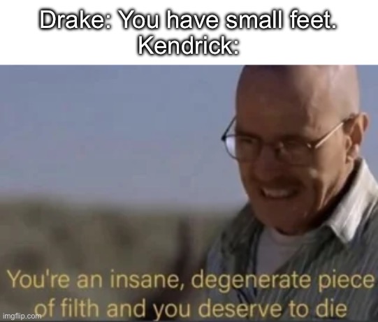 Drake is done | Drake: You have small feet.
Kendrick: | image tagged in walter white degenerate | made w/ Imgflip meme maker