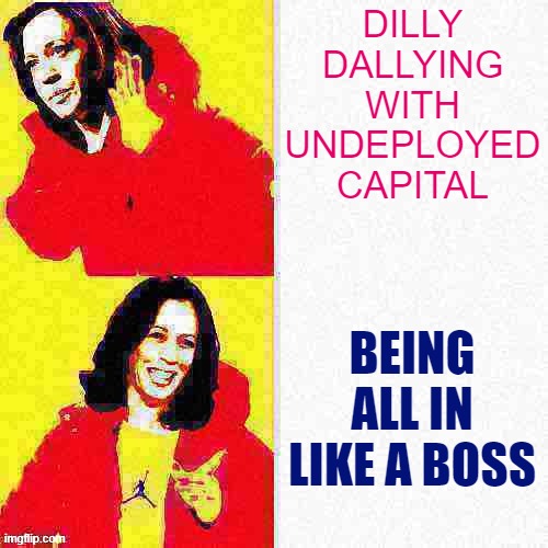 Kamala Harris Hotline Bling deep-fried 1 | DILLY DALLYING WITH UNDEPLOYED CAPITAL; BEING ALL IN LIKE A BOSS | image tagged in kamala harris hotline bling deep-fried 1 | made w/ Imgflip meme maker