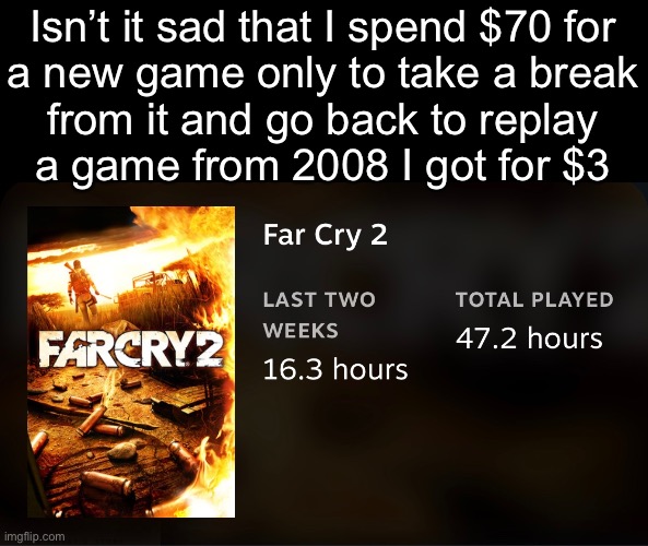 Isn’t it sad that I spend $70 for
a new game only to take a break
from it and go back to replay
a game from 2008 I got for $3 | made w/ Imgflip meme maker