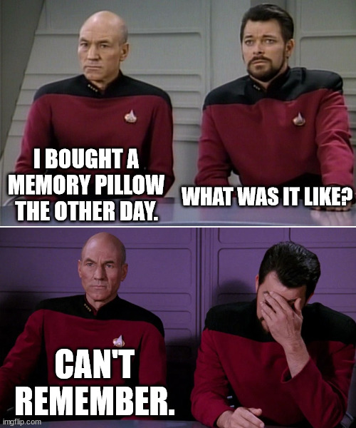 Memory pillow | I BOUGHT A MEMORY PILLOW THE OTHER DAY. WHAT WAS IT LIKE? CAN'T REMEMBER. | image tagged in picard riker listening to a pun | made w/ Imgflip meme maker