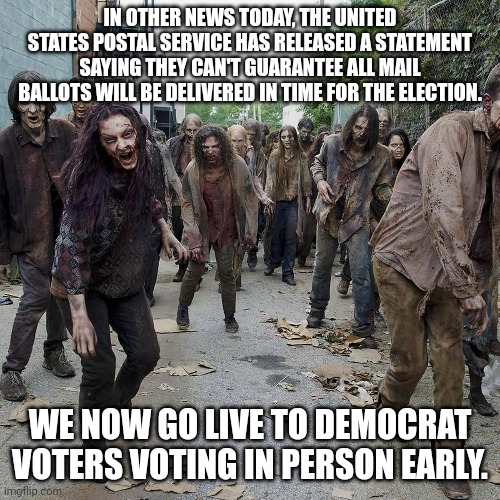 Because dead people vote Blue. | IN OTHER NEWS TODAY, THE UNITED STATES POSTAL SERVICE HAS RELEASED A STATEMENT SAYING THEY CAN'T GUARANTEE ALL MAIL BALLOTS WILL BE DELIVERED IN TIME FOR THE ELECTION. WE NOW GO LIVE TO DEMOCRAT VOTERS VOTING IN PERSON EARLY. | image tagged in kamala harris | made w/ Imgflip meme maker
