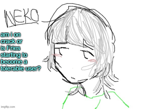 Neko drawn by Cinna | am i on crack or is Fries starting to become a tolerable user? | image tagged in neko drawn by cinna | made w/ Imgflip meme maker