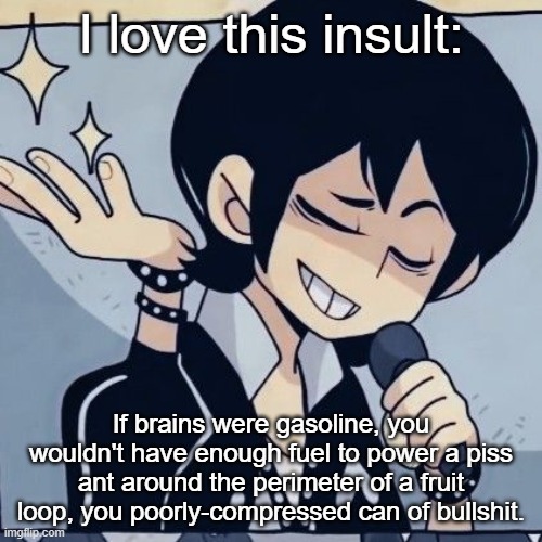 I used this one on my brother and he went silent lmfao | I love this insult:; If brains were gasoline, you wouldn't have enough fuel to power a piss ant around the perimeter of a fruit loop, you poorly-compressed can of bullshit. | image tagged in tophamhatkyo just sayin | made w/ Imgflip meme maker