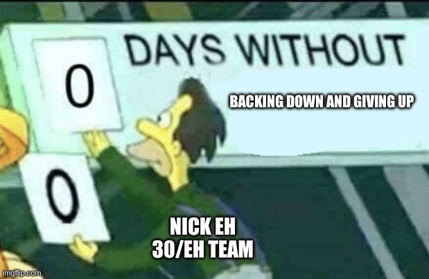 The Eh-Team Perseverance Board | BACKING DOWN AND GIVING UP; NICK EH 30/EH TEAM | image tagged in nickeh30,ehteam,nevergiveup,0 days without lenny simpsons | made w/ Imgflip meme maker