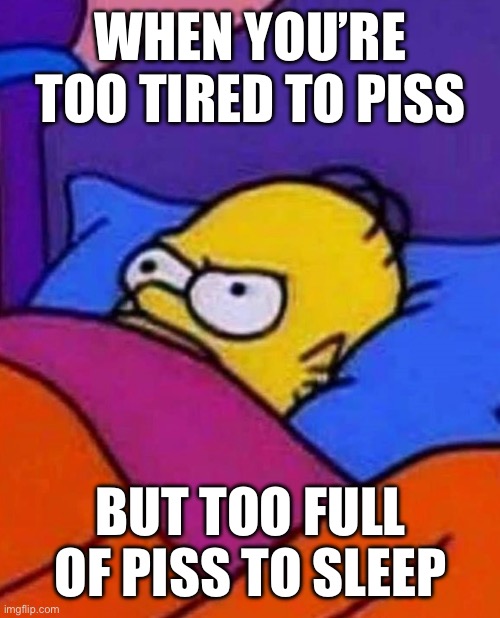 Name something more frustrating I DARE YOU | WHEN YOU’RE TOO TIRED TO PISS; BUT TOO FULL OF PISS TO SLEEP | image tagged in homer simpson lying awake | made w/ Imgflip meme maker