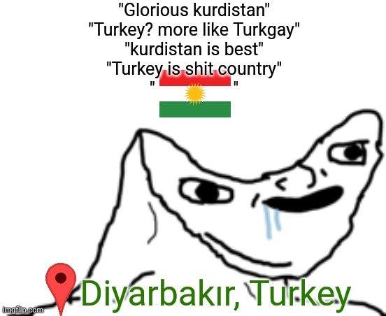 kurds basically hating the country they live in all day | "Glorious kurdistan"
"Turkey? more like Turkgay"
"kurdistan is best"
"Turkey is shit country"
"                  "; Diyarbakır, Turkey | image tagged in dumb wojak | made w/ Imgflip meme maker