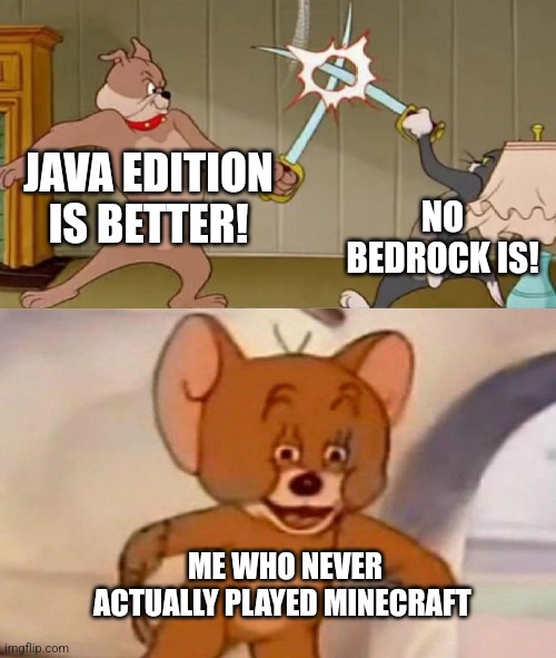 ... | JAVA EDITION IS BETTER! NO BEDROCK IS! ME WHO NEVER ACTUALLY PLAYED MINECRAFT | image tagged in tom and jerry swordfight | made w/ Imgflip meme maker