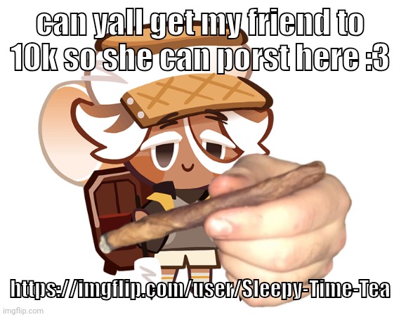 smore cookie with a blunt | can yall get my friend to 10k so she can porst here :3; https://imgflip.com/user/Sleepy-Time-Tea | image tagged in smore cookie with a blunt | made w/ Imgflip meme maker