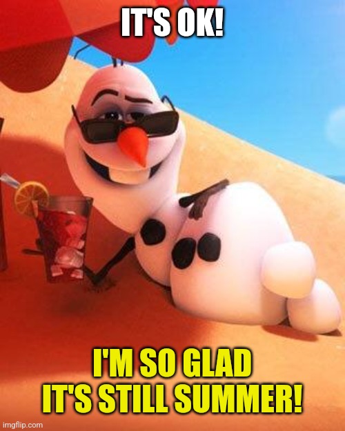 Olaf in summer | IT'S OK! I'M SO GLAD IT'S STILL SUMMER! | image tagged in olaf in summer | made w/ Imgflip meme maker