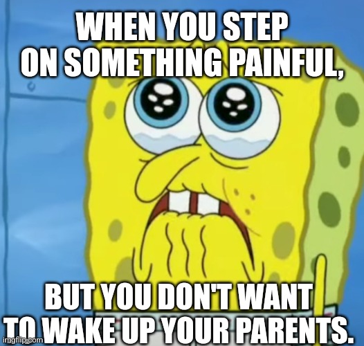 ouch... | WHEN YOU STEP ON SOMETHING PAINFUL, BUT YOU DON'T WANT TO WAKE UP YOUR PARENTS. | image tagged in ouch | made w/ Imgflip meme maker