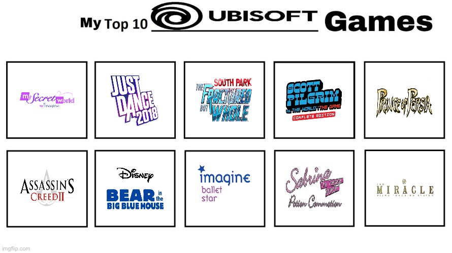 Brandon's Top 10 Ubisoft Games | image tagged in ubisoft,girl,girls,assassins creed,just dance,scott pilgrim | made w/ Imgflip meme maker