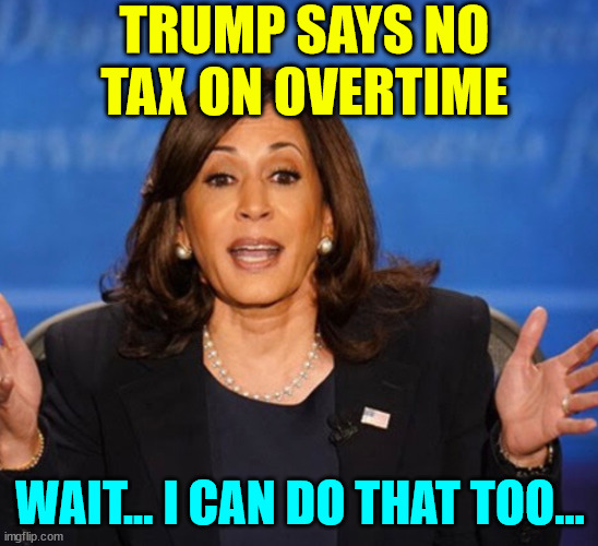 Why would anyone believe her... you've seen what she's doing now...  nothing... | TRUMP SAYS NO TAX ON OVERTIME; WAIT... I CAN DO THAT TOO... | image tagged in kamala harris,stealing,another trump campaign promise | made w/ Imgflip meme maker