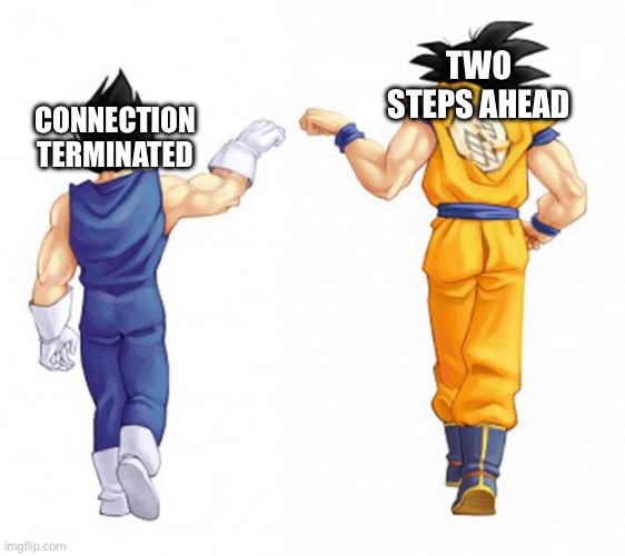 goku and vegeta | TWO STEPS AHEAD CONNECTION TERMINATED | image tagged in goku and vegeta | made w/ Imgflip meme maker