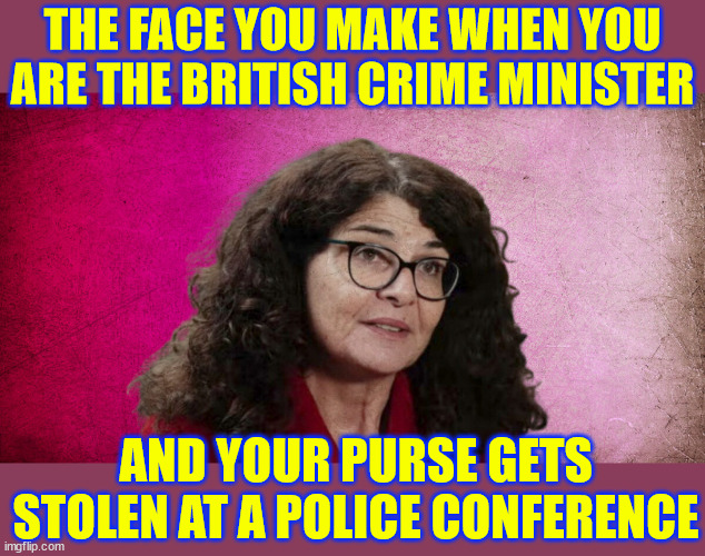 Nothing is safe from the criminals | THE FACE YOU MAKE WHEN YOU ARE THE BRITISH CRIME MINISTER; AND YOUR PURSE GETS STOLEN AT A POLICE CONFERENCE | image tagged in lawless,uk | made w/ Imgflip meme maker