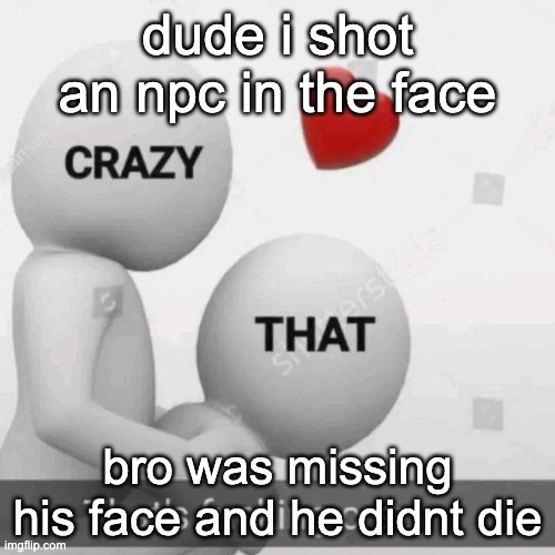 thats fucking crazy | dude i shot an npc in the face; bro was missing his face and he didnt die | image tagged in thats fucking crazy | made w/ Imgflip meme maker