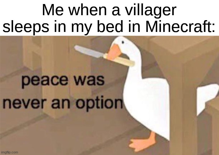 Untitled Goose Peace Was Never an Option | Me when a villager sleeps in my bed in Minecraft: | image tagged in untitled goose peace was never an option,memes,funny,minecraft,video games | made w/ Imgflip meme maker