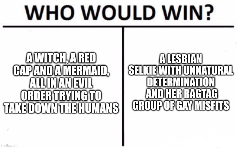 Behold the plot of Magic Mafia! The three mentioned become good though. | A WITCH, A RED CAP AND A MERMAID, ALL IN AN EVIL ORDER TRYING TO TAKE DOWN THE HUMANS; A LESBIAN SELKIE WITH UNNATURAL DETERMINATION  AND HER RAGTAG GROUP OF GAY MISFITS | image tagged in memes,who would win,ocs | made w/ Imgflip meme maker